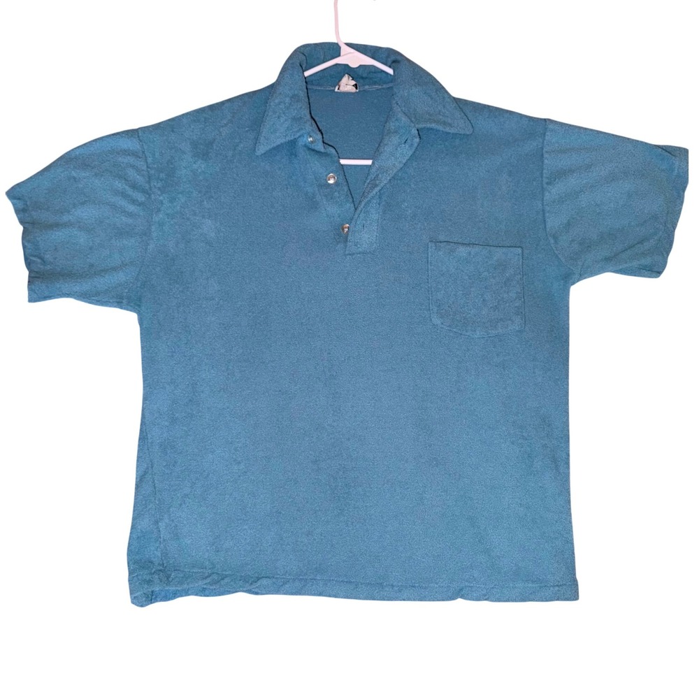 Vintage 70s Men's Terry Blue Short-Sleeve Polo Shirt with Chest Pocket